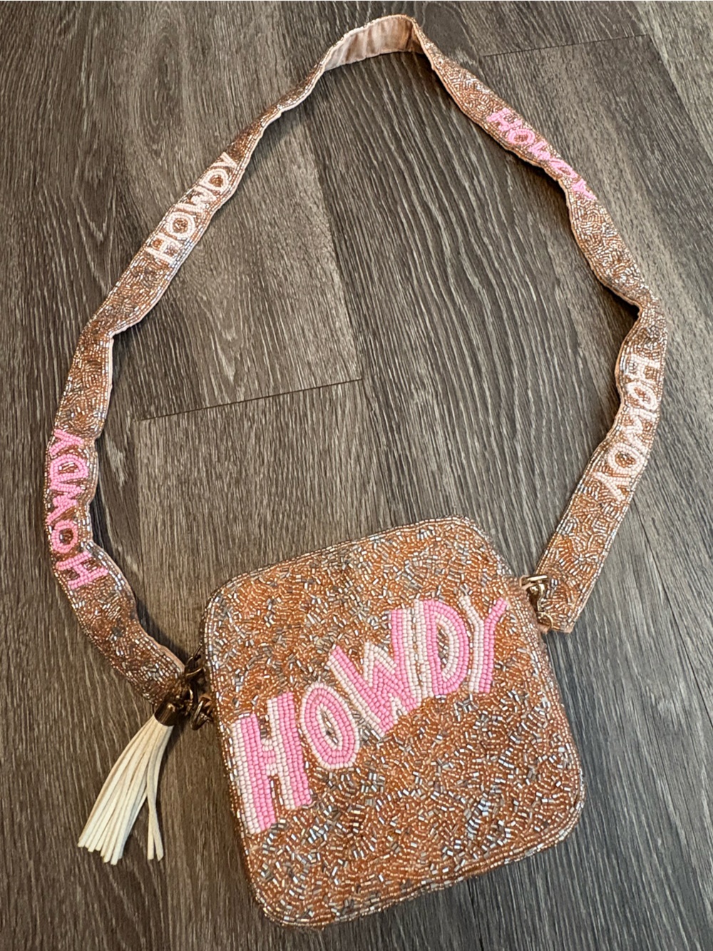 Altar'd State Pink & Gold Beaded Crossbody with 'HOWDY' Strap